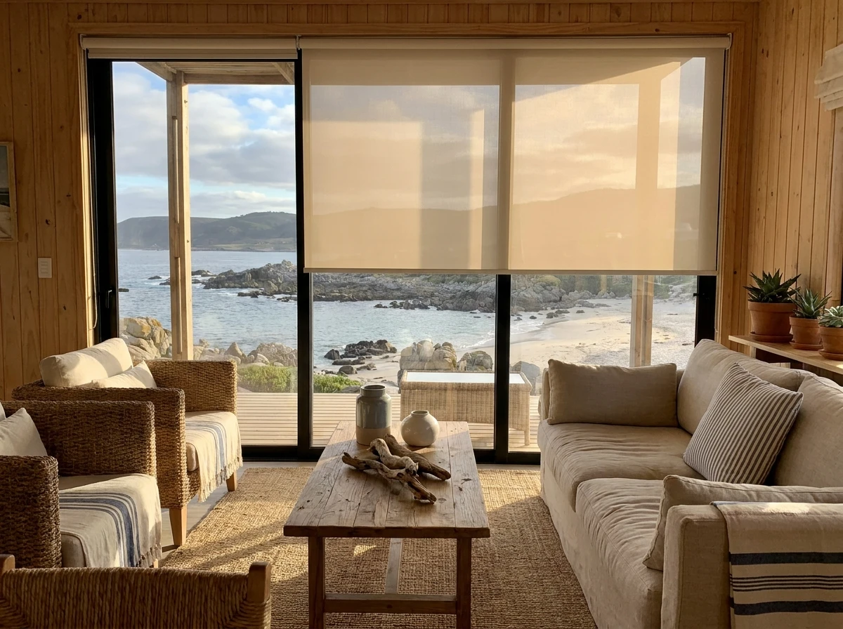 Relaxed beach-house lounge on the Camps Bay to Llandudno stretch with a sunscreen roller blind lowered against low sun