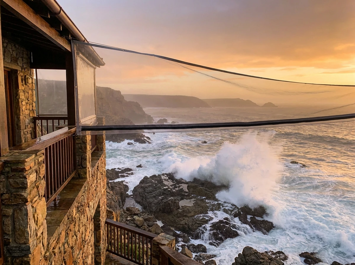 Zip screen lowered over a cliffside terrace on the Sea Point to Bantry Bay stretch at dusk
